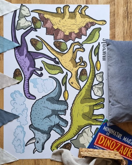 Prezentare model autocolant de perete dinozauri mai multe culori pentru camera baieti