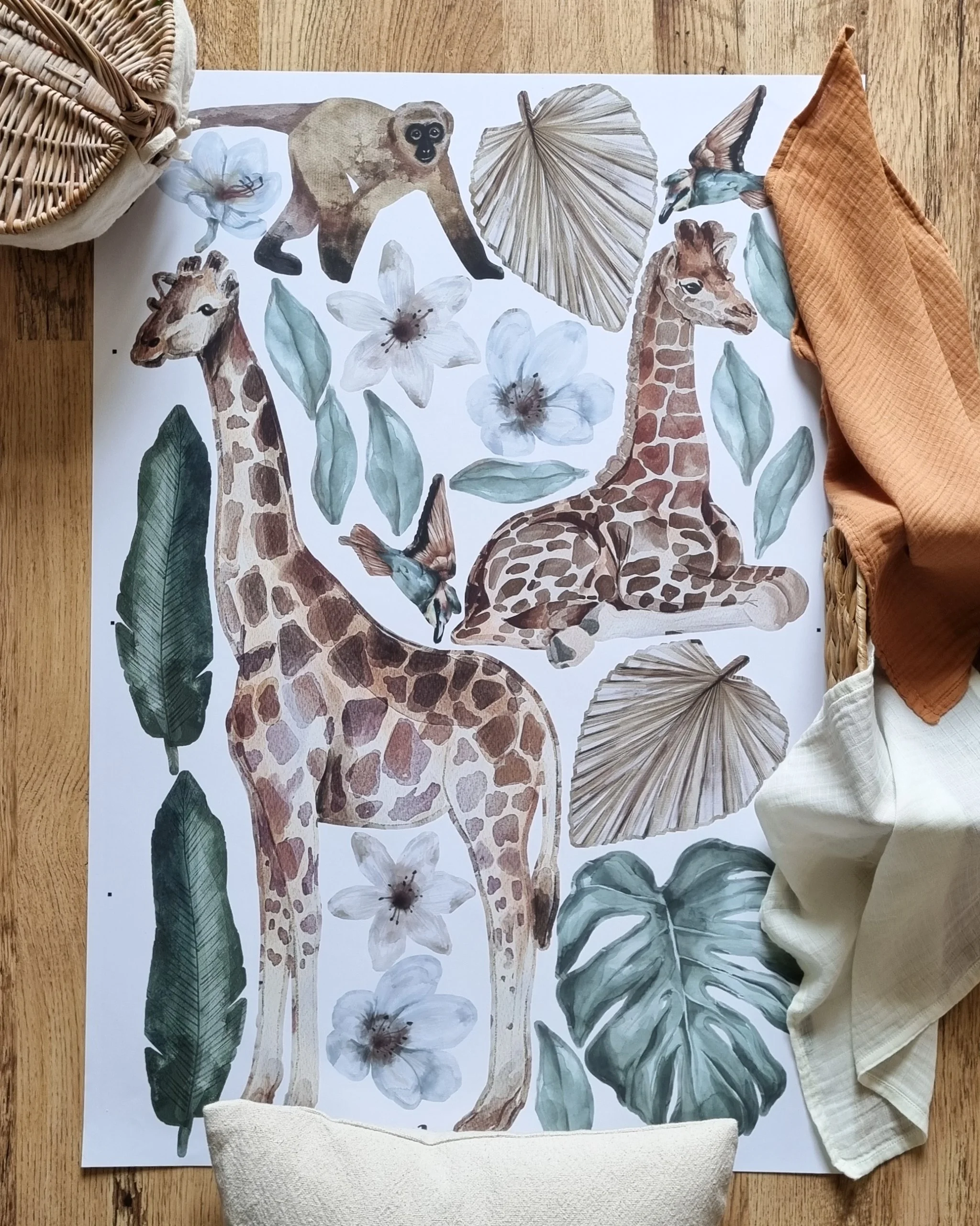 Autocolant pentru camera de fete, cameră de băieți, copii, bebe cu animale din savana, girafe și maimuță